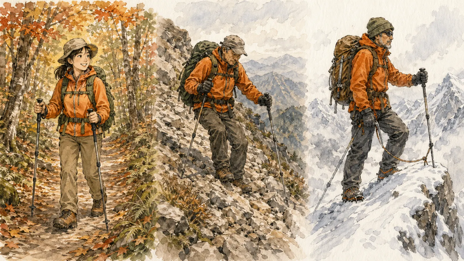 初心者・中級者・ベテランそれぞれのトレッキングポール使用シーン