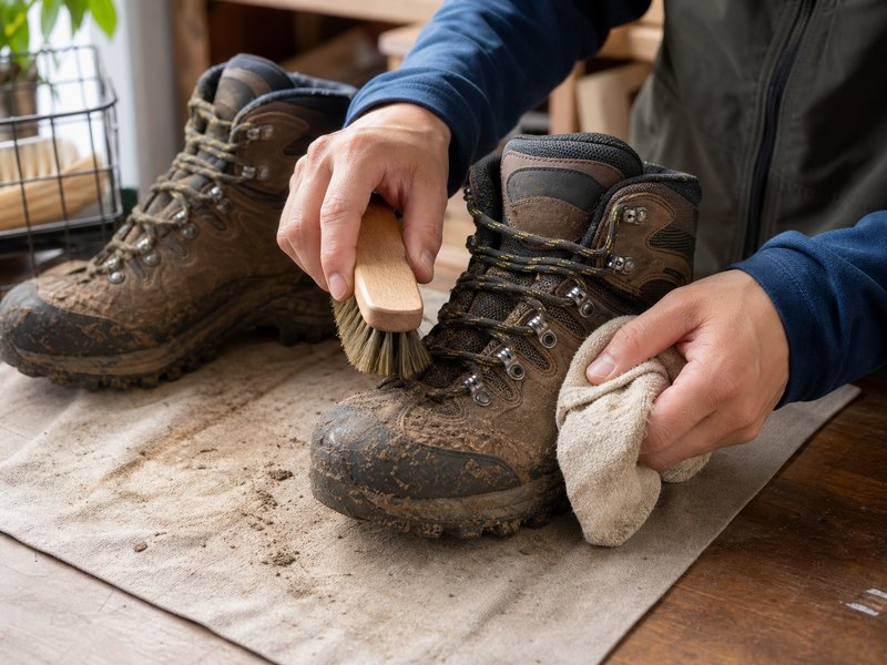 登山靴の泥汚れを落として手入れするイメージ