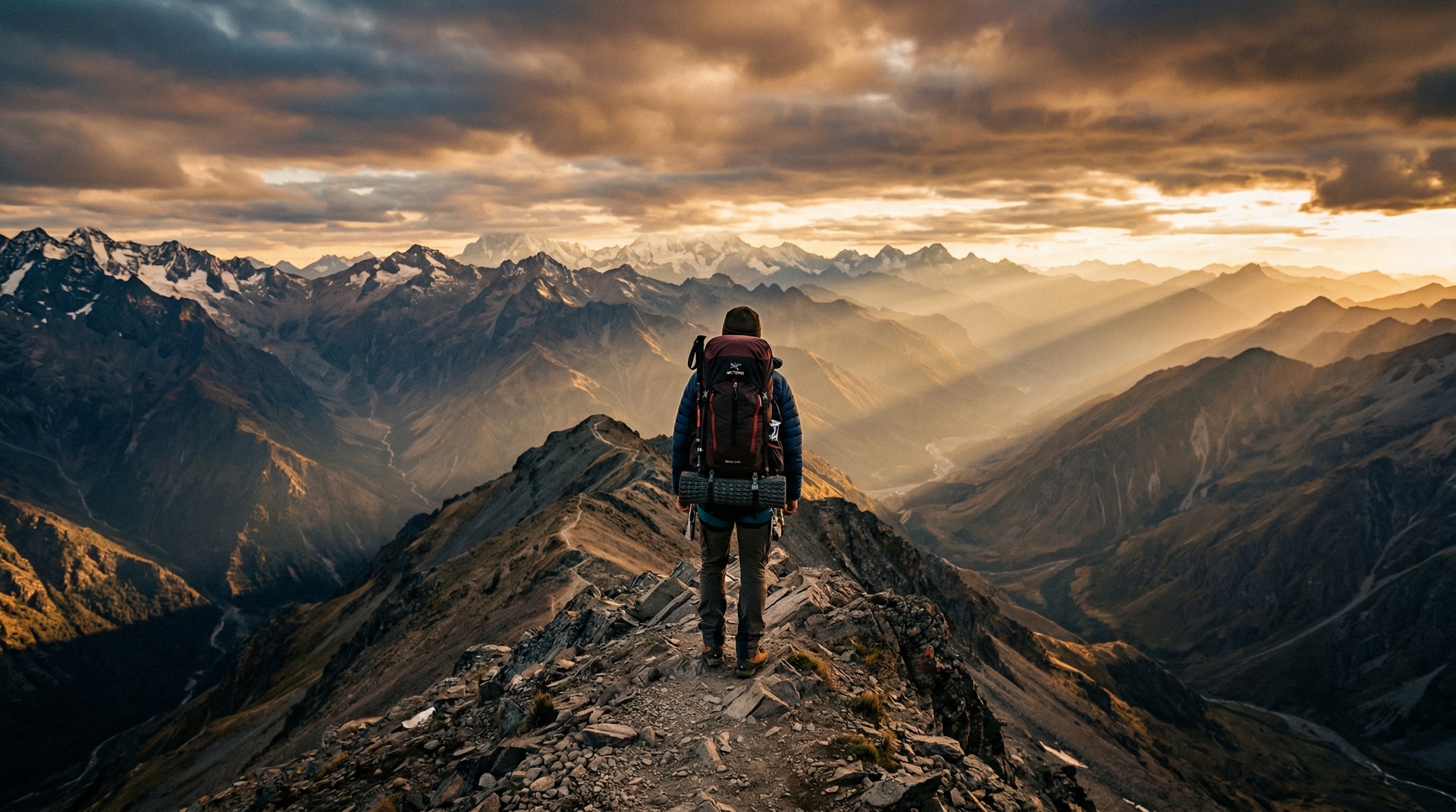 登山用バックパックを背負い山岳稜線を歩くハイカー