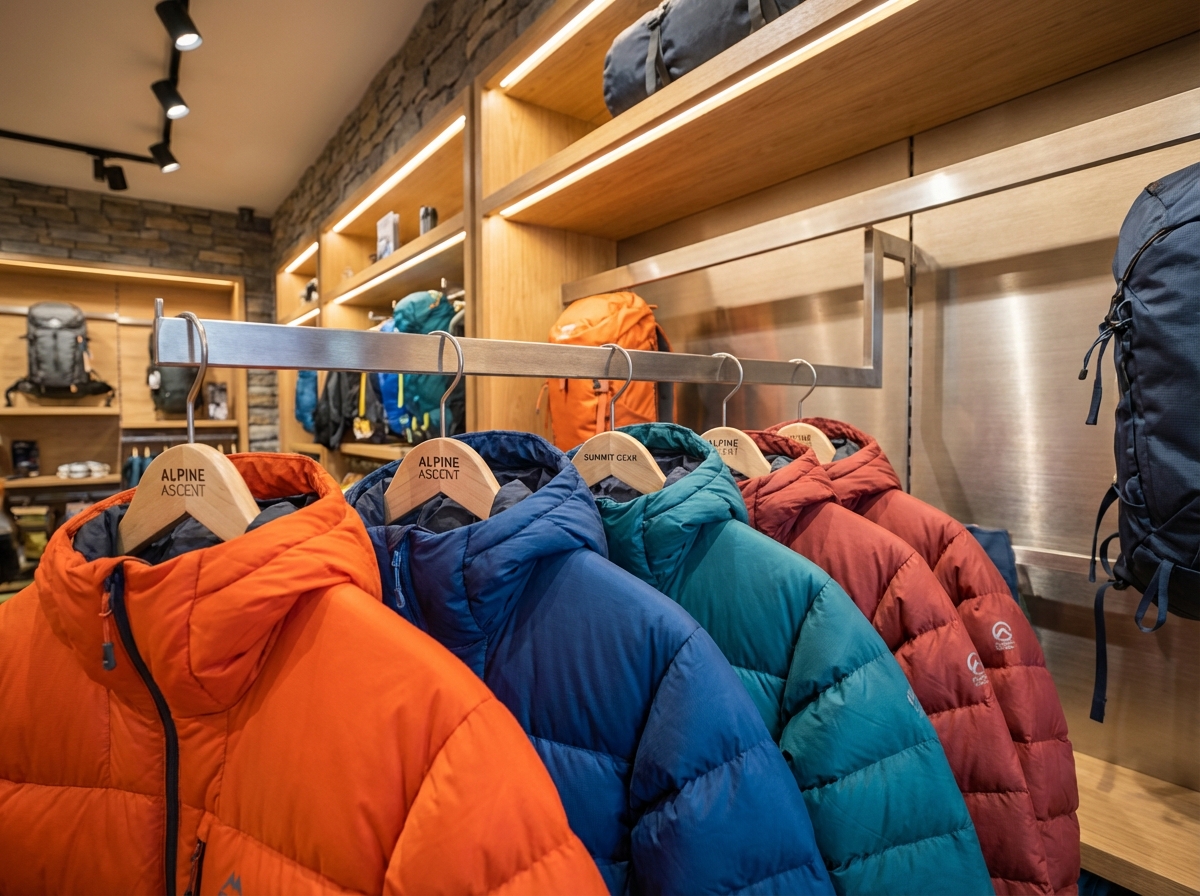 プレミアムアウトドアブランドのダウンジャケットが店頭に美しく陳列されている様子