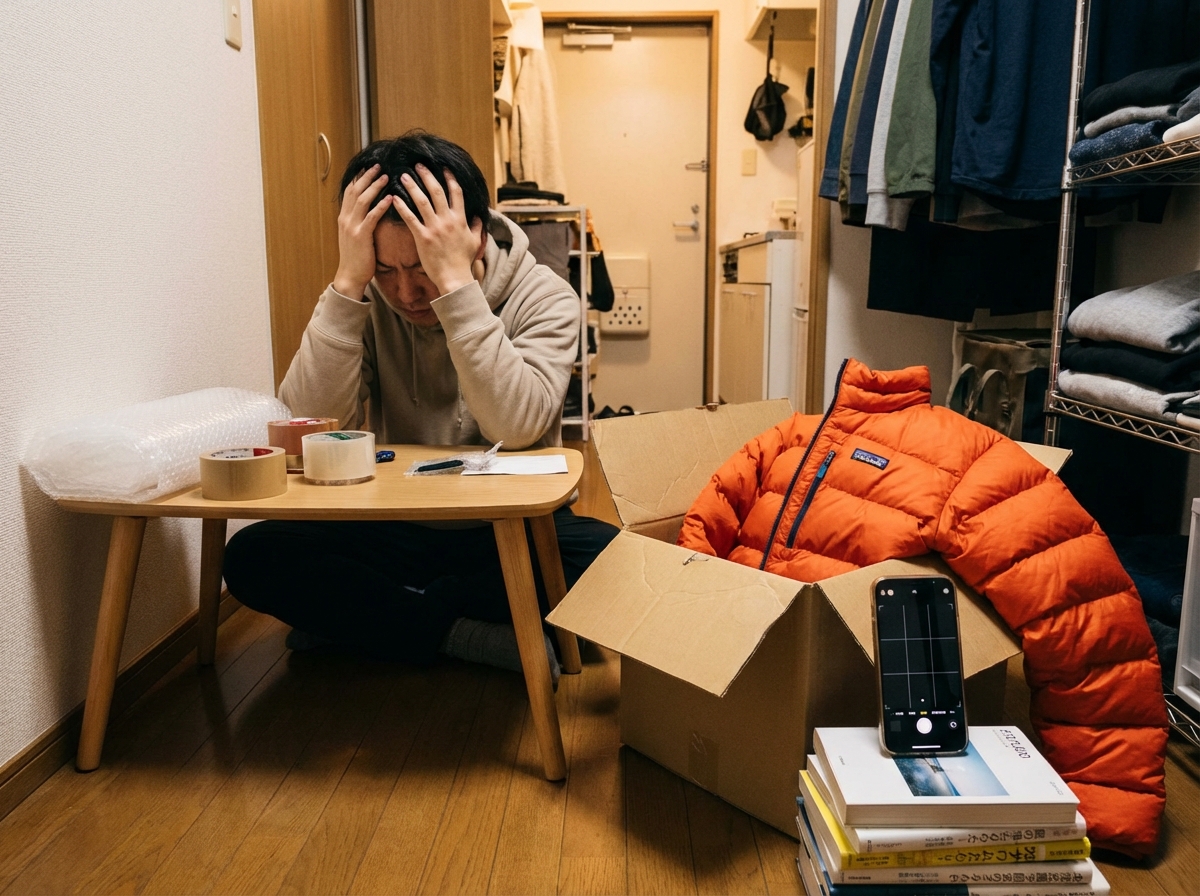 フリマアプリでダウンジャケットを出品する手間のイメージ