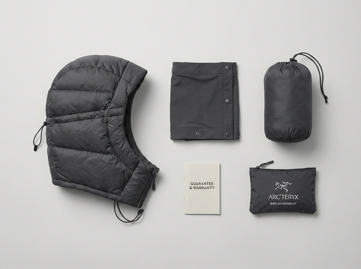 着脱式フード・パウダースカート・スタッフサック・ギャランティカード・バードエイドなどの付属品