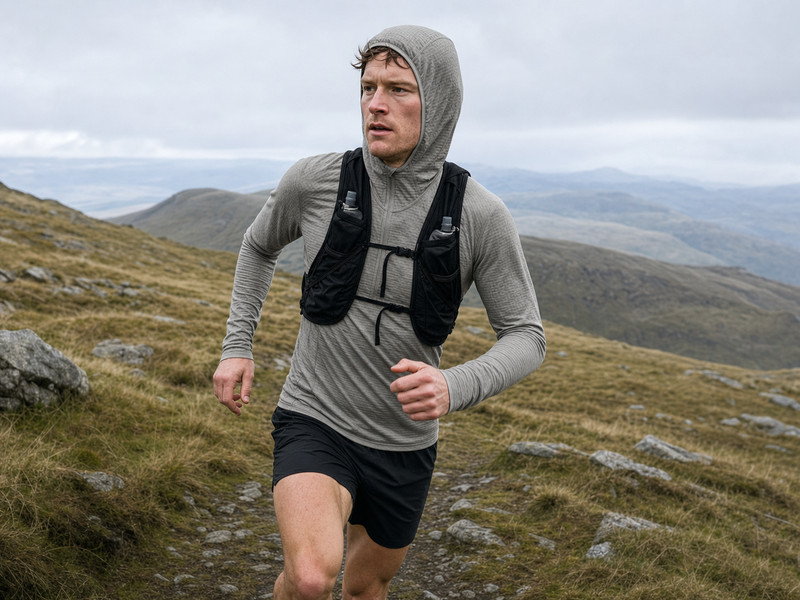 Core+ Hoodieを着用して寒冷な山岳路を行動するランナー