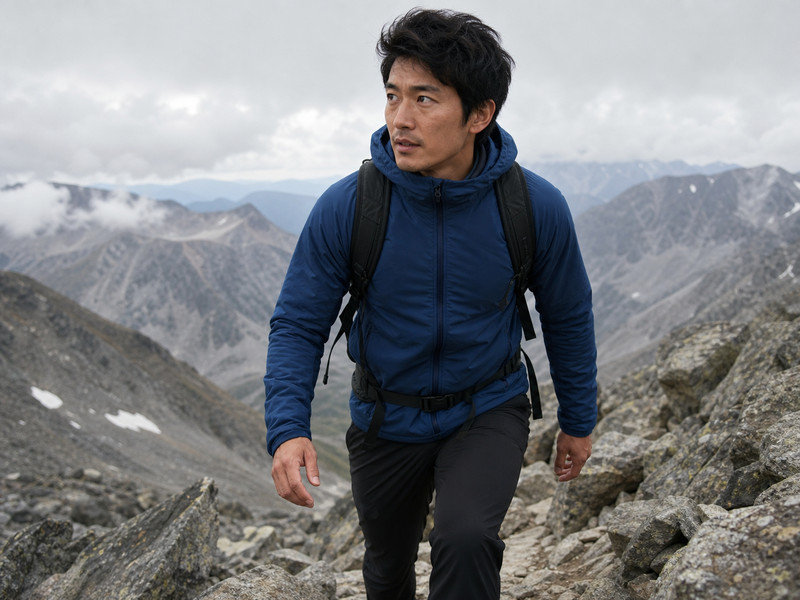 Men's Nano-Air Light Hybrid Insulated Hoodyを着用して高標高を登る登山者