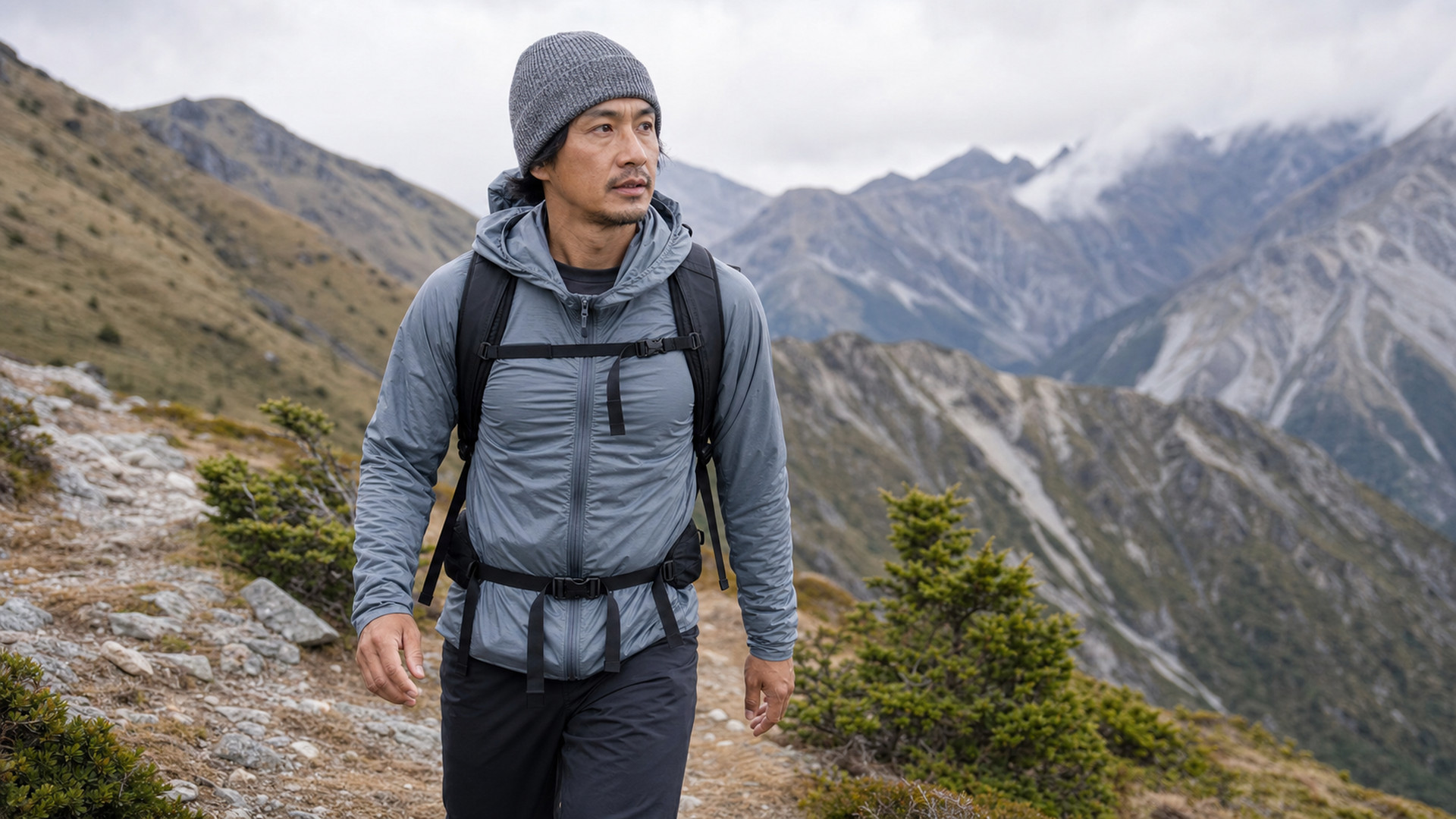 山岳環境でアクティブインサレーションを着用する登山者
