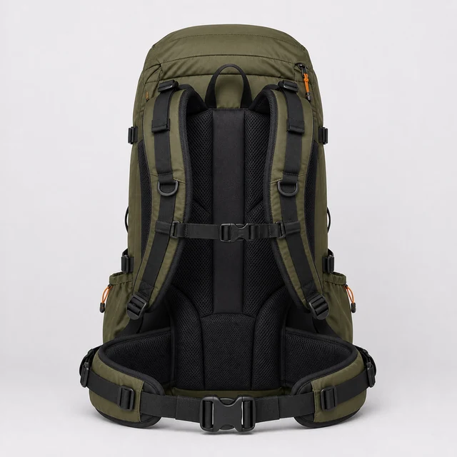 登山用バックパックを背面から撮影した例