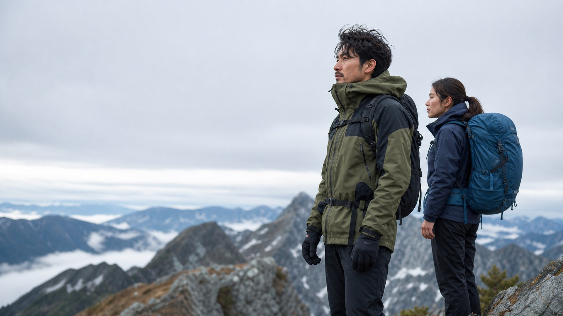 ミレーの登山ウェアとバックパックを使用する登山者
