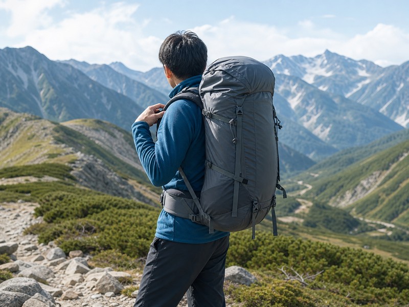 縦走路でアルパインパックを背負う登山者