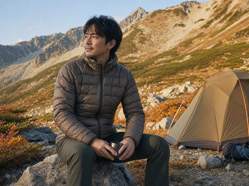 山岳キャンプ地でライトアルパインダウン ジャケットを着用する登山者