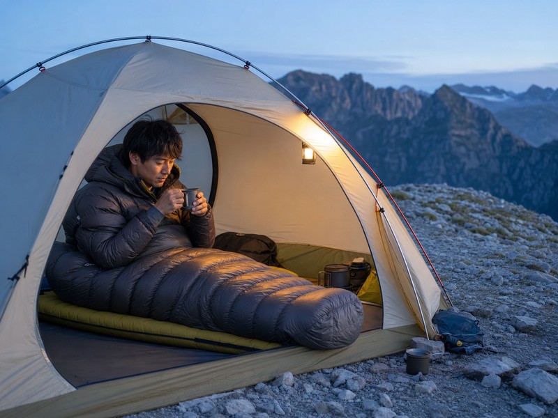 山岳テント内でシームレス ダウンハガーを使用する登山者
