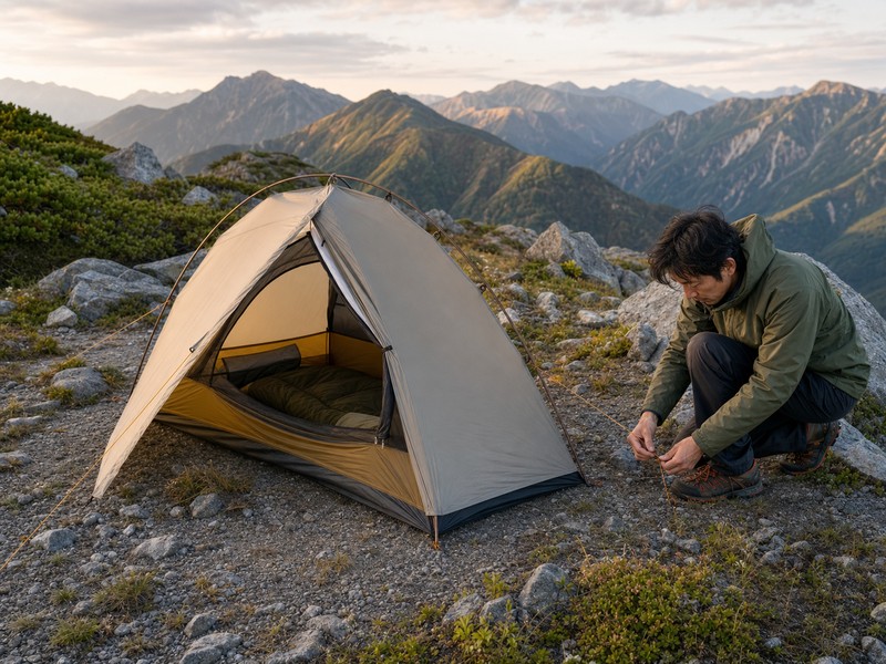 安全な山岳キャンプ地でステラリッジ テントを使用する登山者