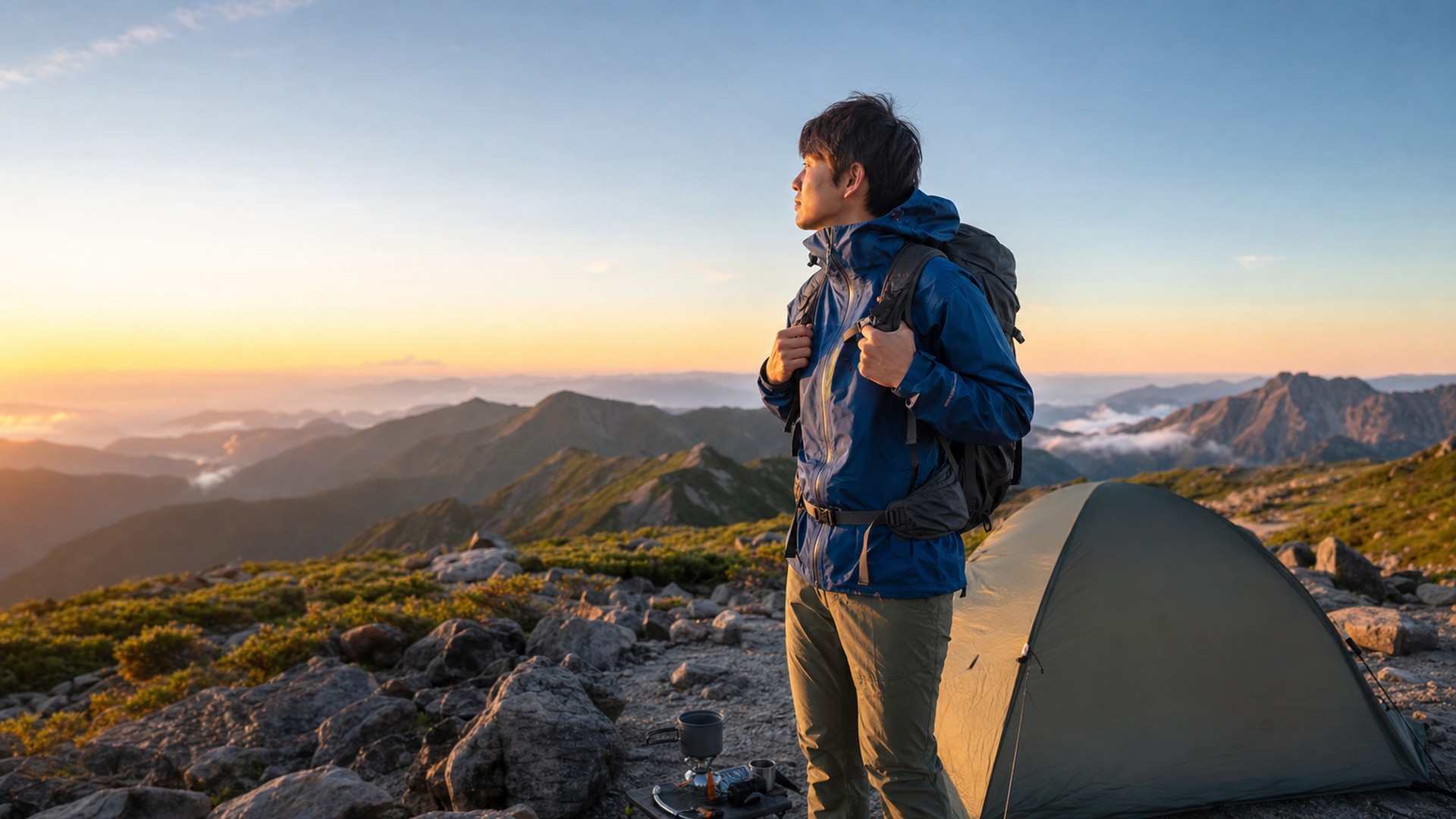 山岳環境でモンベルの登山用品を使用する登山者