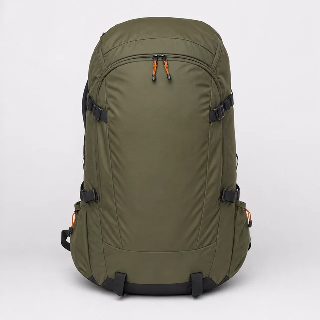 登山用バックパックを正面から撮影した例