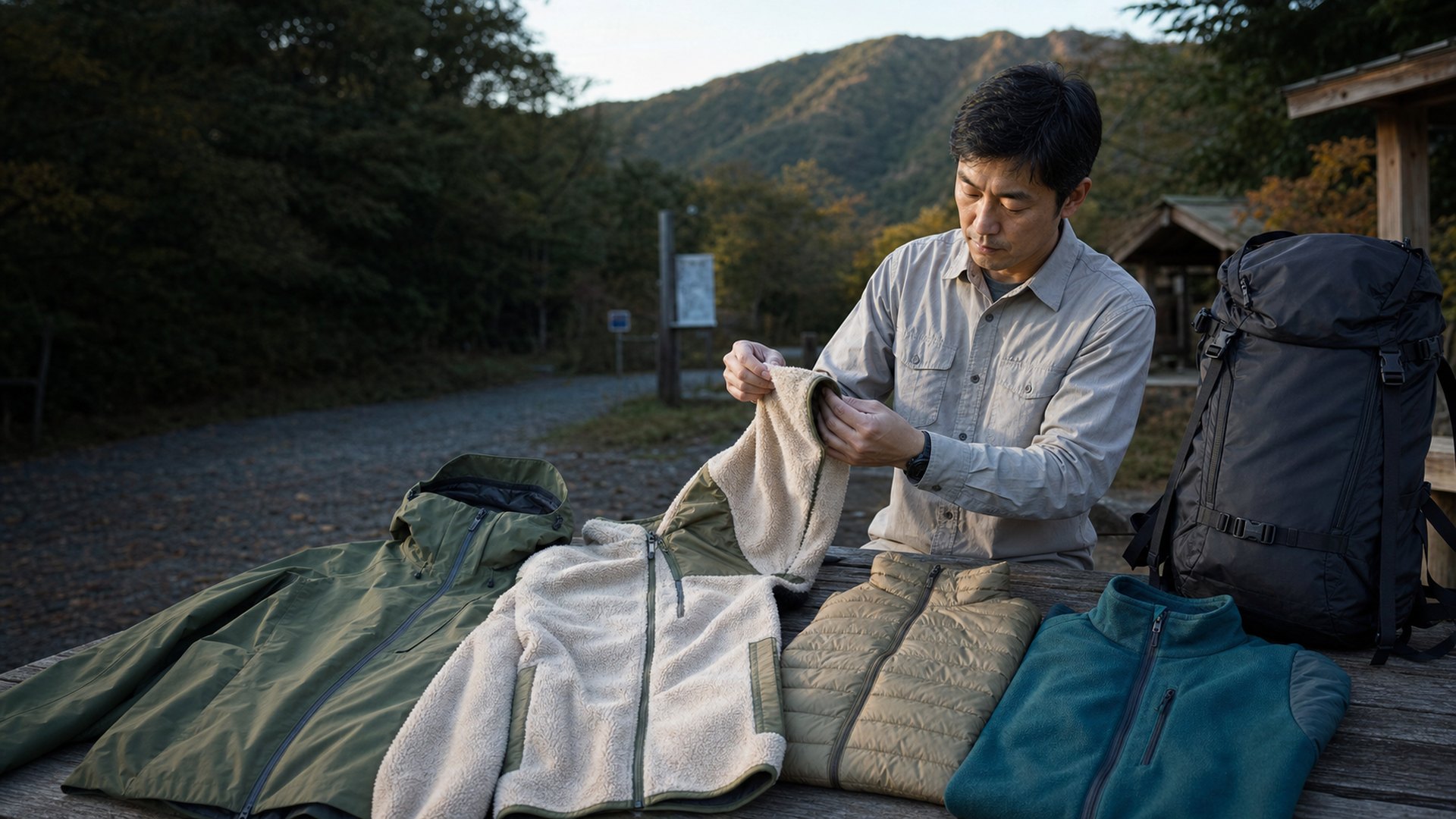 登山口でパタゴニア製ウェアを確認する査定スタッフ