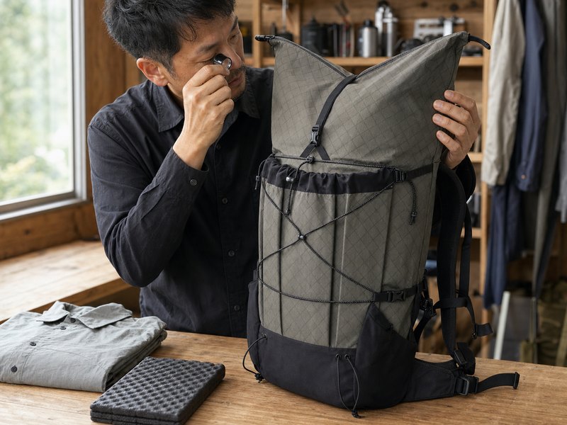山と道製品のモデルと素材を専門査定する様子