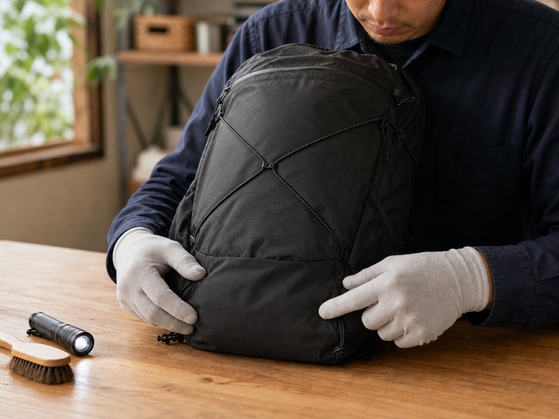山と道製品の軽量素材と状態を点検する様子
