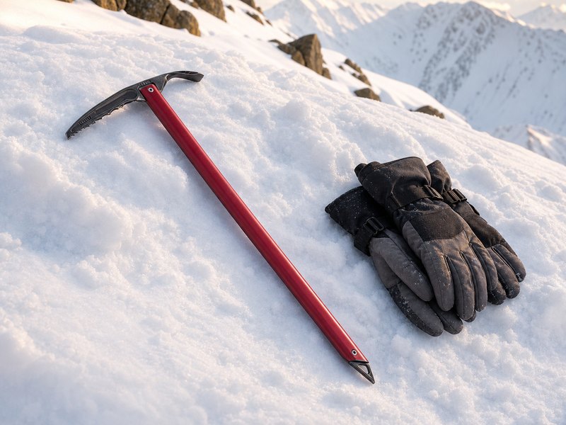 雪上に置かれたGrivel G1を想起させる縦走用ピッケルの使用イメージ