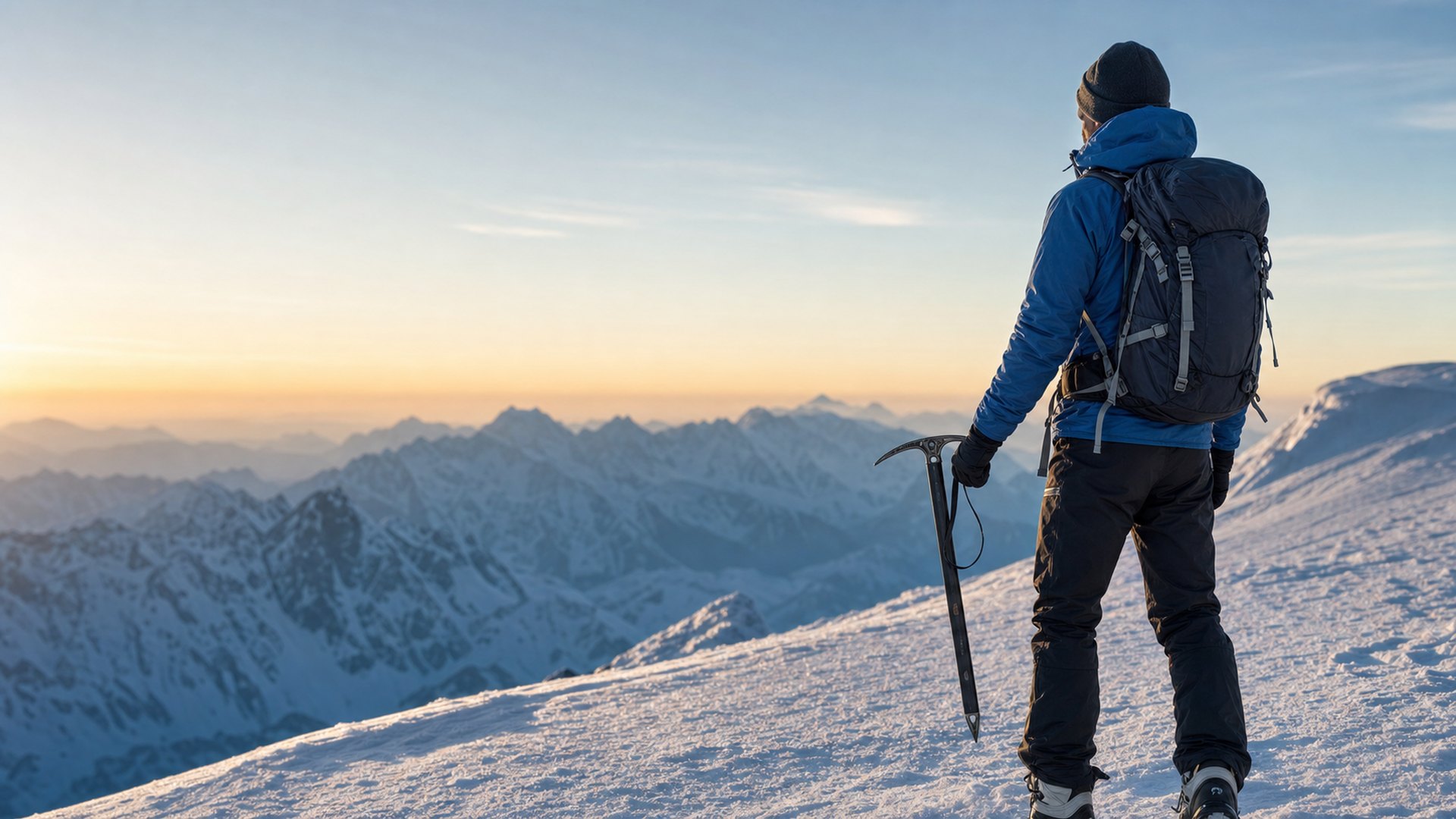 雪山でピッケルを手にする登山者のイメージ