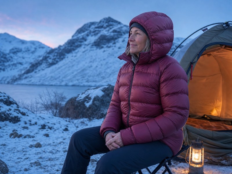 Helios Hooded Down Jacketを想起させる高ロフトダウンジャケットの使用イメージ