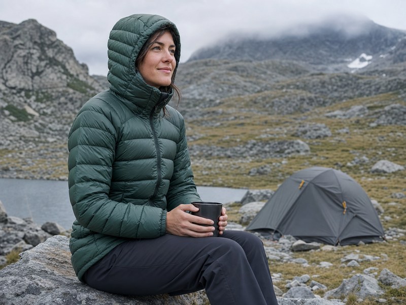 Microlight Alpine Down Jacketを想起させる登山用ダウンジャケットの使用イメージ