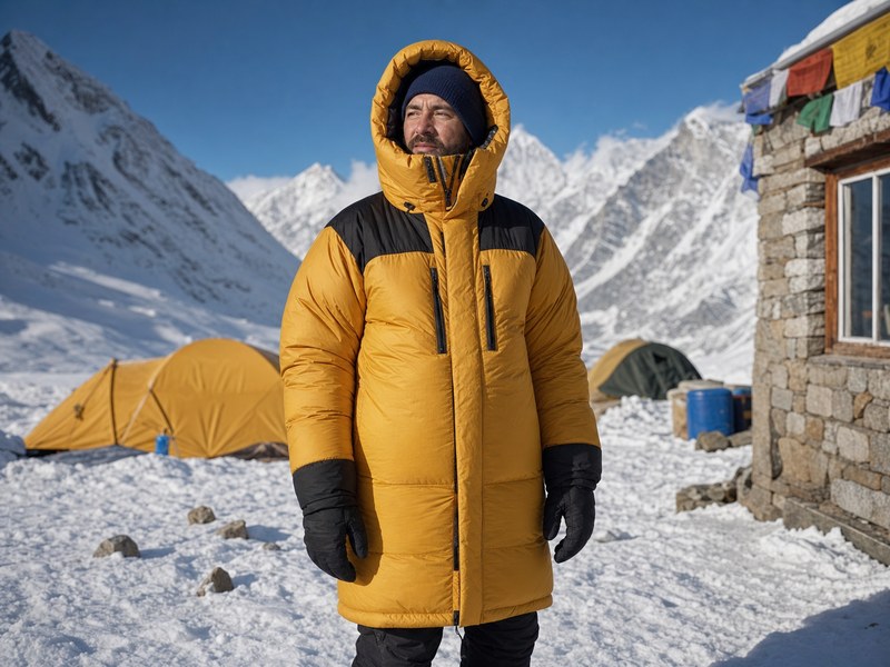 Summit Series Himalayan Down Parkaを想起させる厳冬期用ダウンパーカの使用イメージ