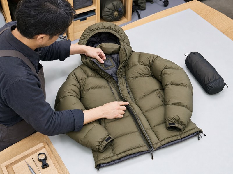 専門スタッフが登山用ダウンジャケットの各部を確認するイメージ