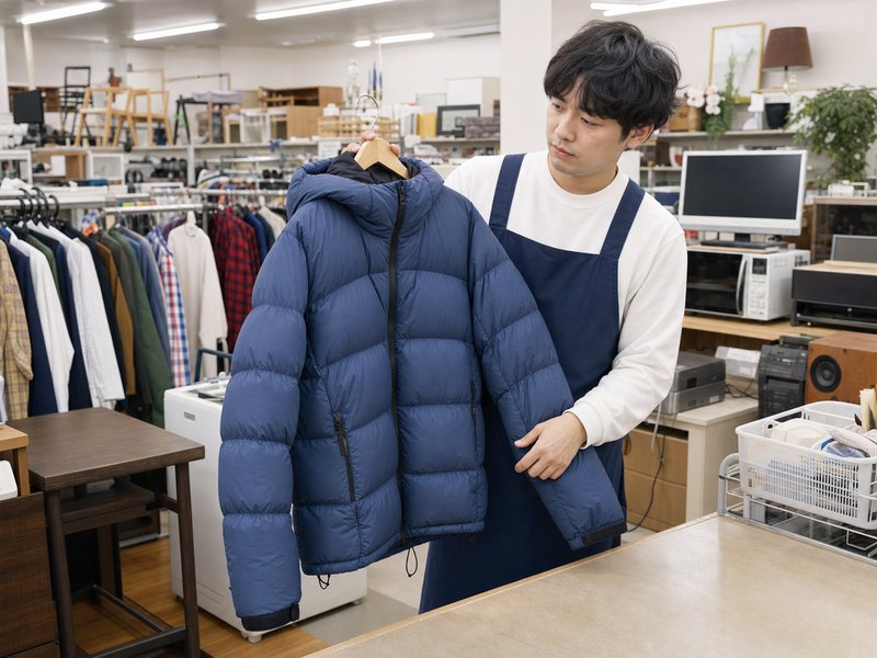 総合リサイクルショップで登山用ダウンジャケットを査定するイメージ