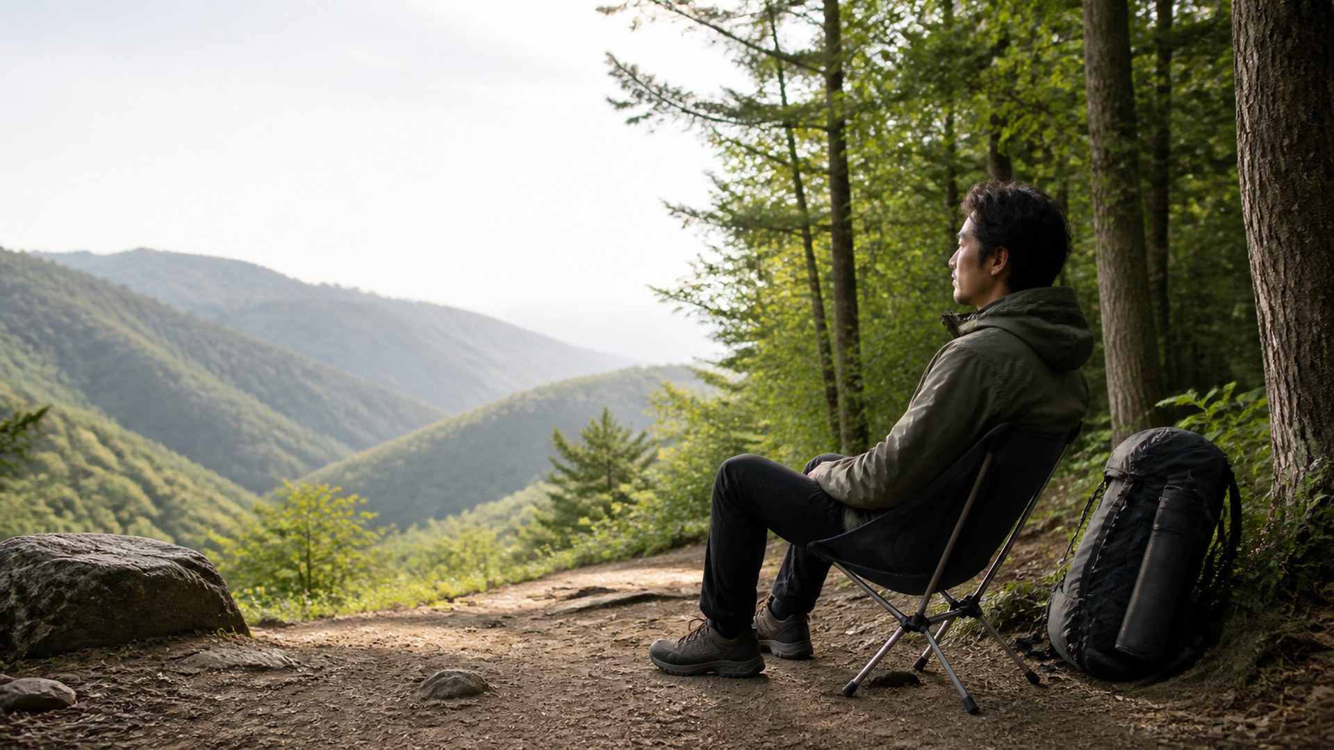 山行休憩でバックパックと一緒に使う登山用軽量コンパクトチェアのイメージ