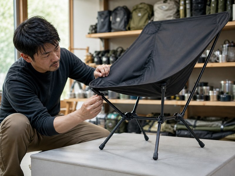 専門スタッフが登山用軽量チェアのハブと座面差込部を確認するイメージ