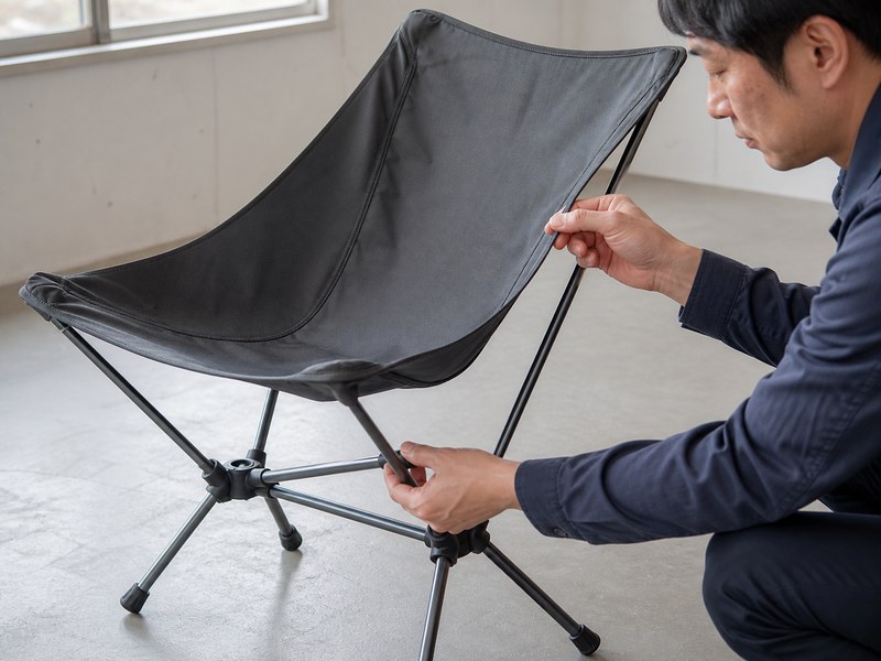 登山用軽量チェアの細いフレームとハブの状態を確認するイメージ