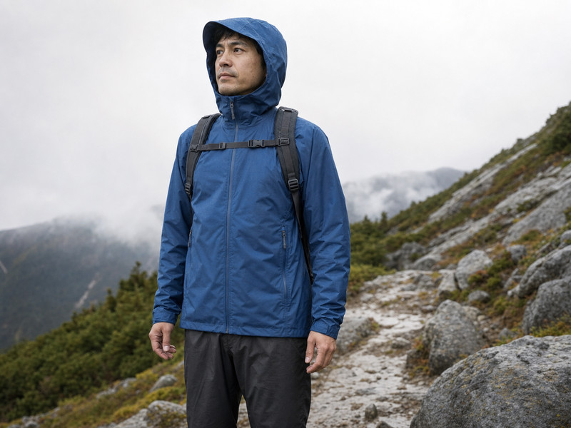 Storm Cruiser Jacketを想起させる登山用レインジャケットの使用イメージ