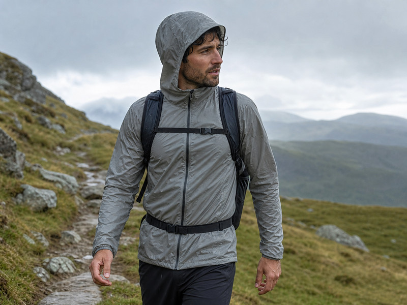 Helium UL Jacketを想起させる軽量レインジャケットの使用イメージ