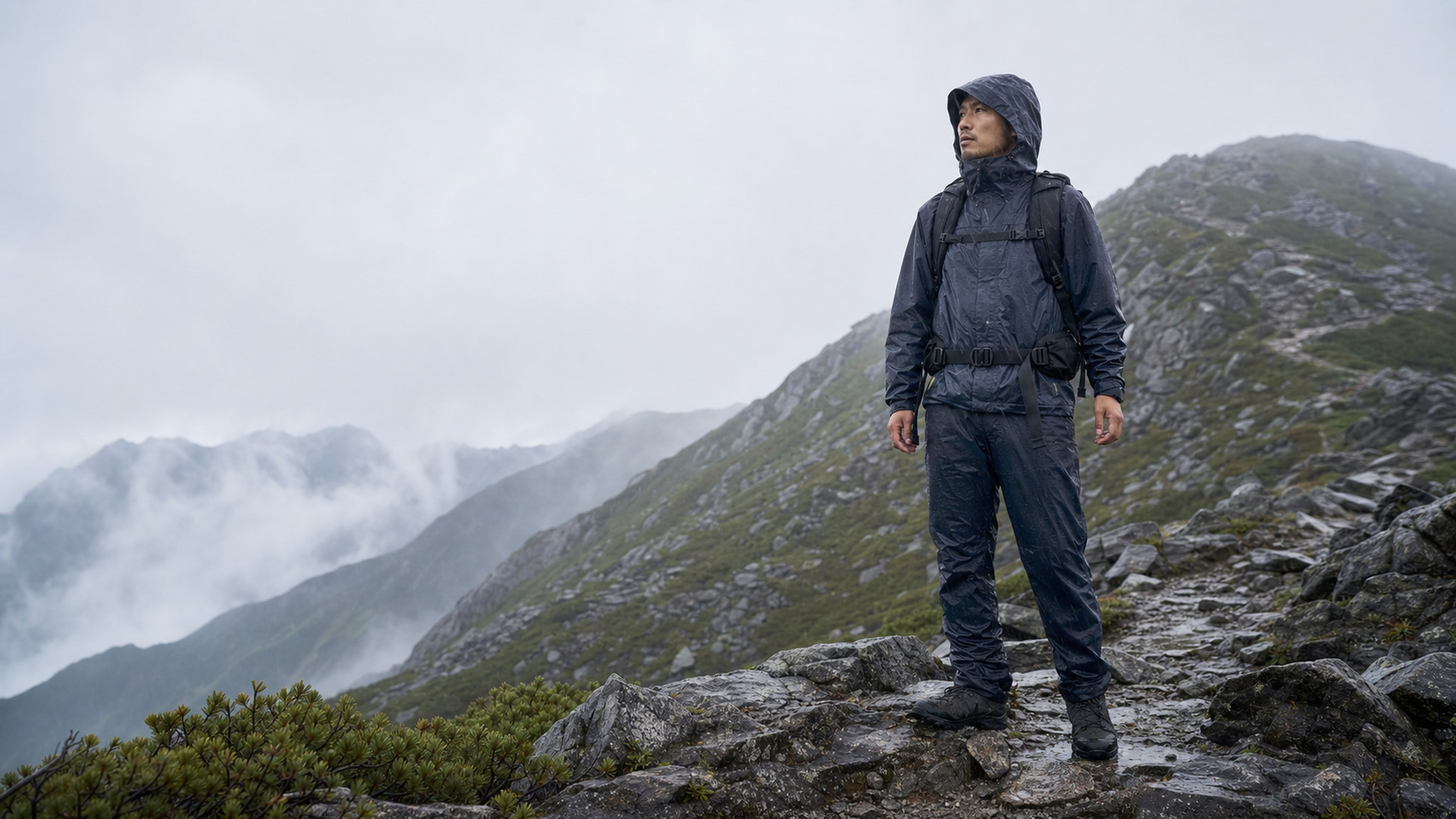 雨天の山で登山用レインウェアを着用するイメージ