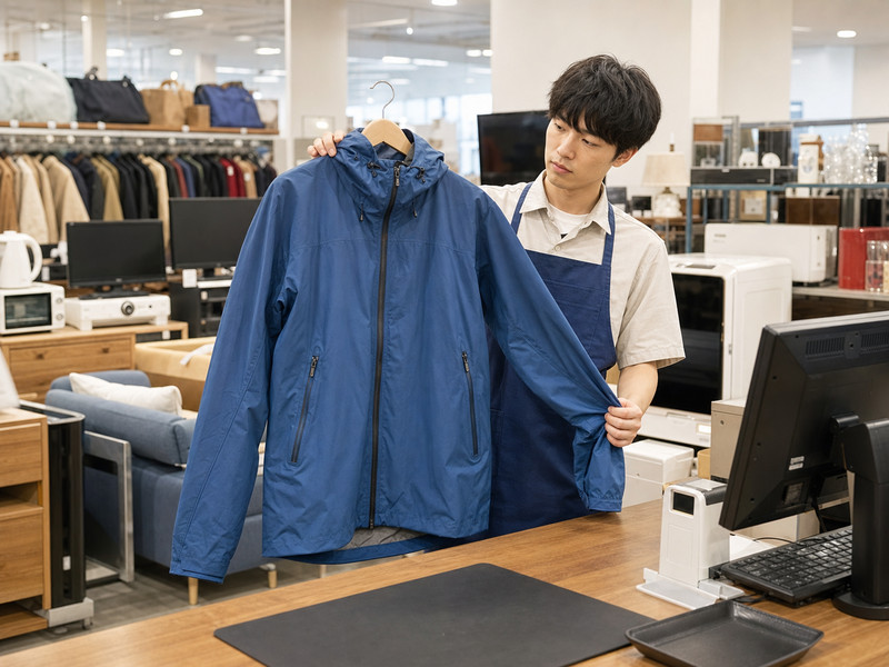 総合リサイクルショップで登山用レインウェアを査定するイメージ