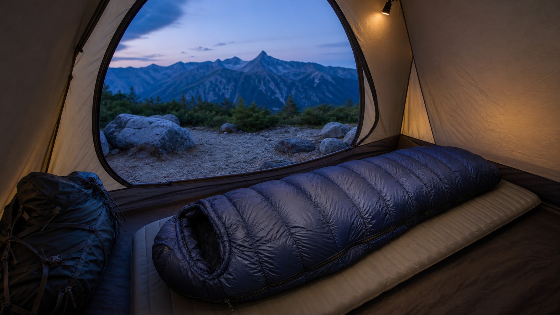 山岳テント内で使用する登山用寝袋のイメージ