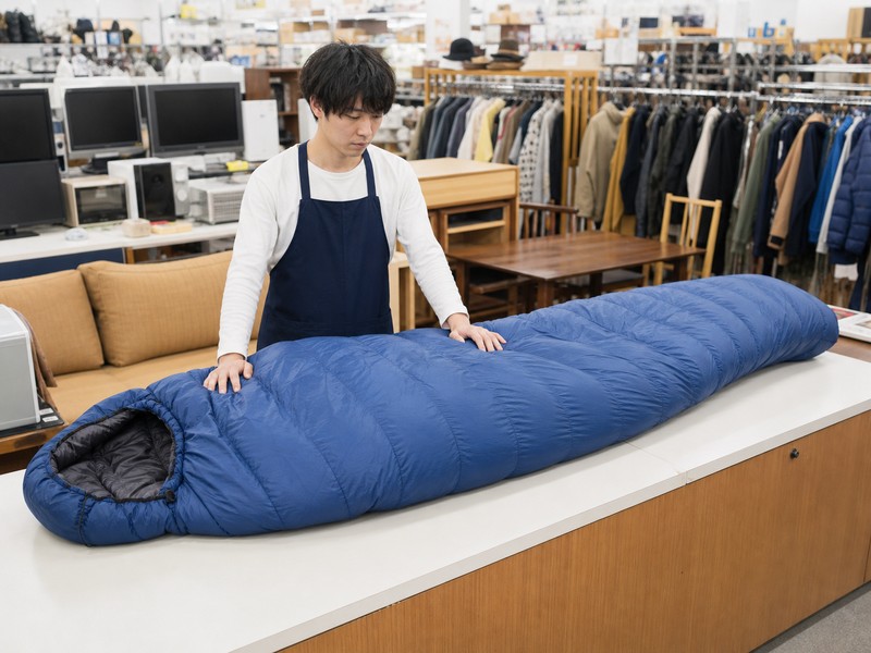 総合リサイクルショップで登山用寝袋を表面的に確認するイメージ