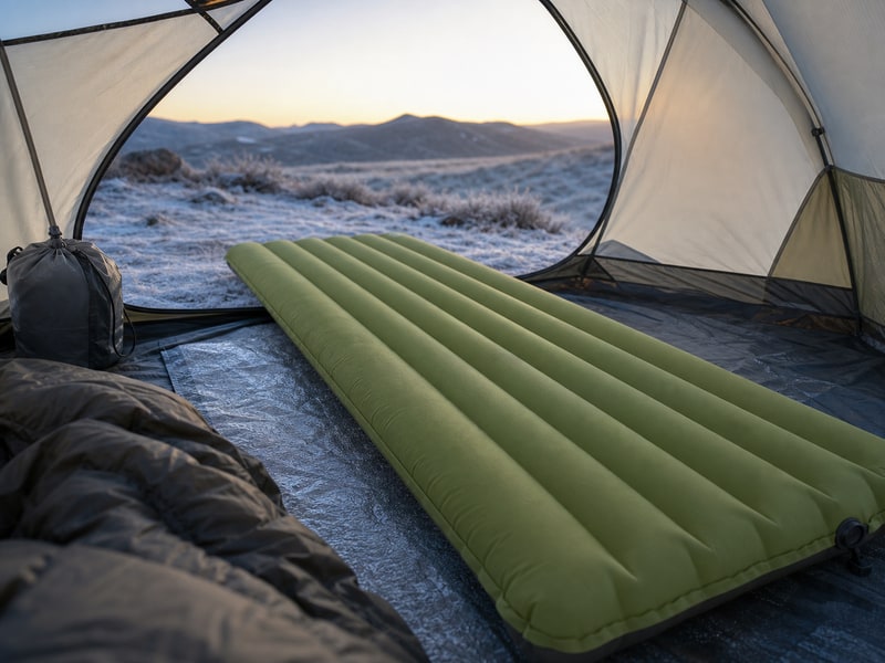 Ultra 8Rを想起させる緑色系の高断熱登山用エアマットの使用イメージ