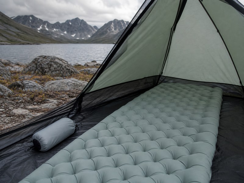 Ether Light XR Insulatedを想起させる濃緑色系の厚手登山用エアマットの使用イメージ