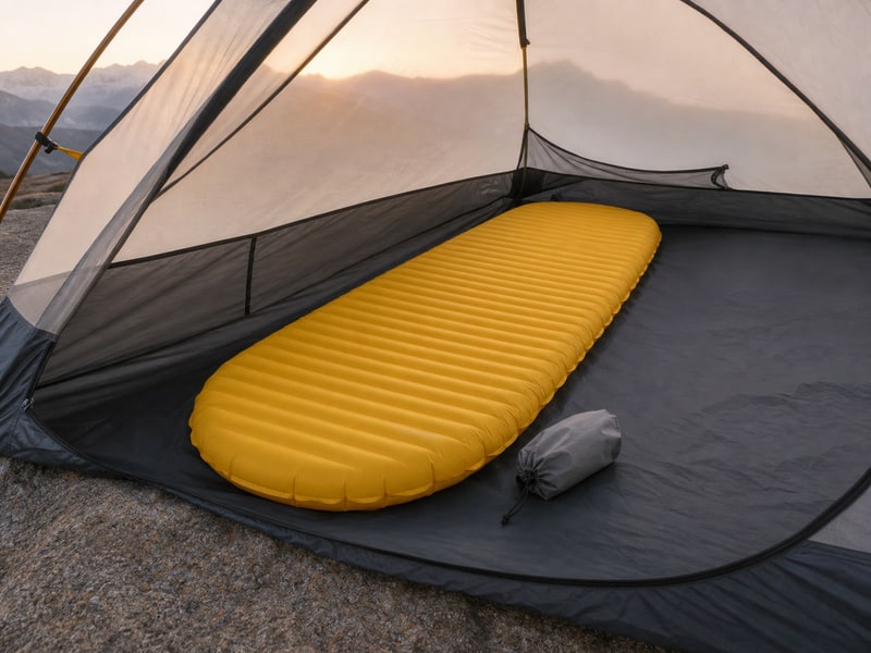 NeoAir XLite NXTを想起させる黄色系の軽量登山用エアマットの使用イメージ