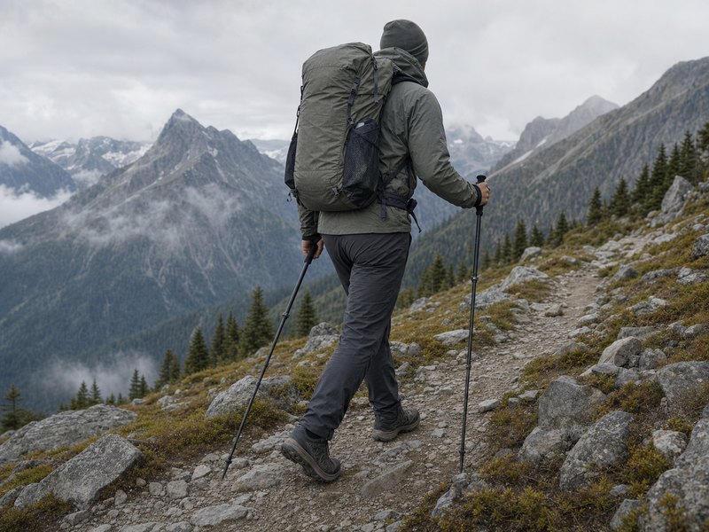 Iceline Trekking Polesを想起させる黒いUL調整式カーボンポールの使用イメージ