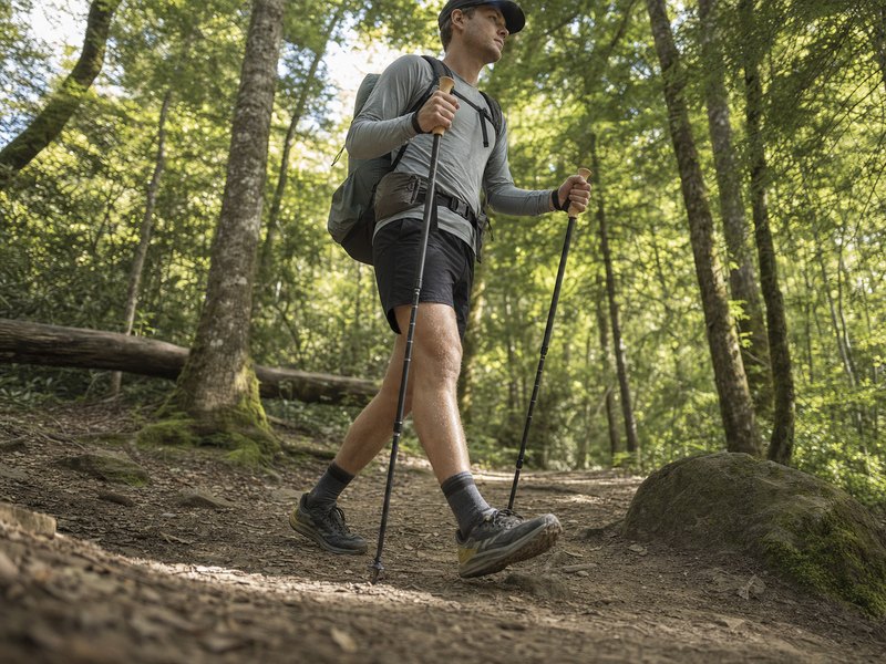 LT5 Three Piece Carbon Trekking Polesを想起させる3段カーボンポールの使用イメージ