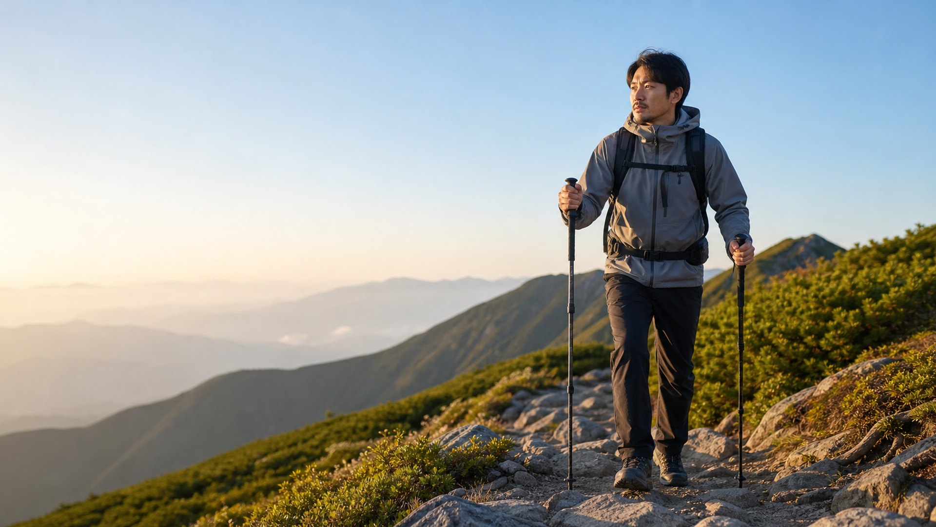 登山者がトレッキングポールを使って山道を歩くイメージ